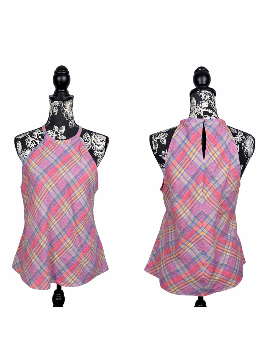 J. Crew Amber sunset plaid 100% linen haltertank top size medium